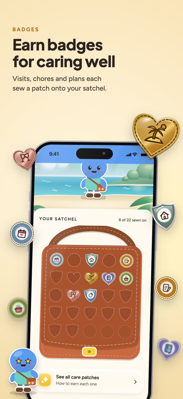 Care patches sewn onto the satchel